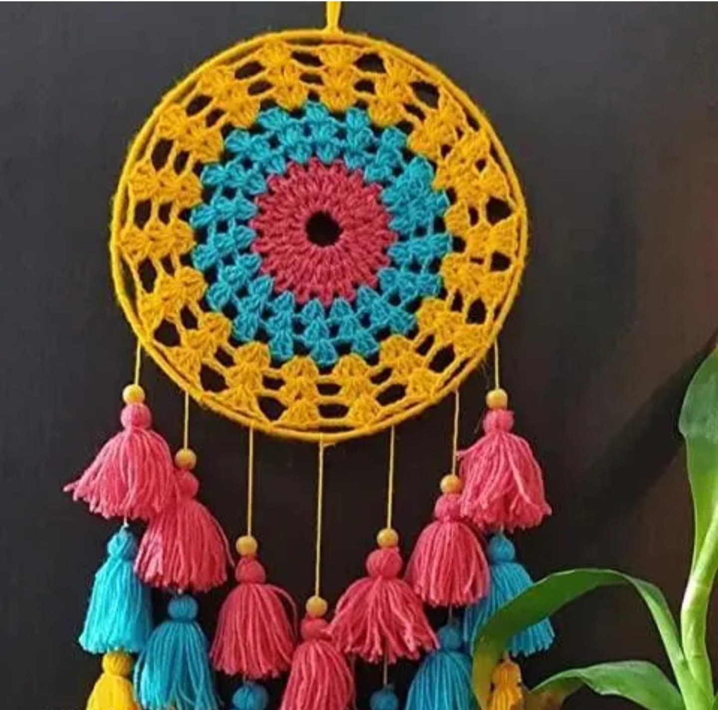 Handmade Crochet Dream Catcher with Colourful Tassels, Boho Wall Hanging, Yellow, Pink and Turquoise