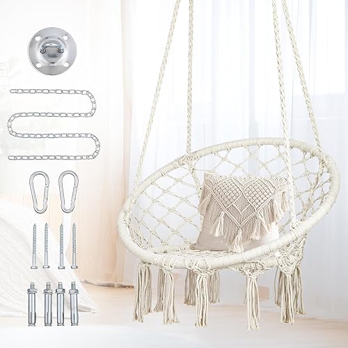 Hamaca de macramé con kits de herramientas, silla colgante de punto hecha a mano para dormitorio, interior, exterior, balcón, patio, porche,