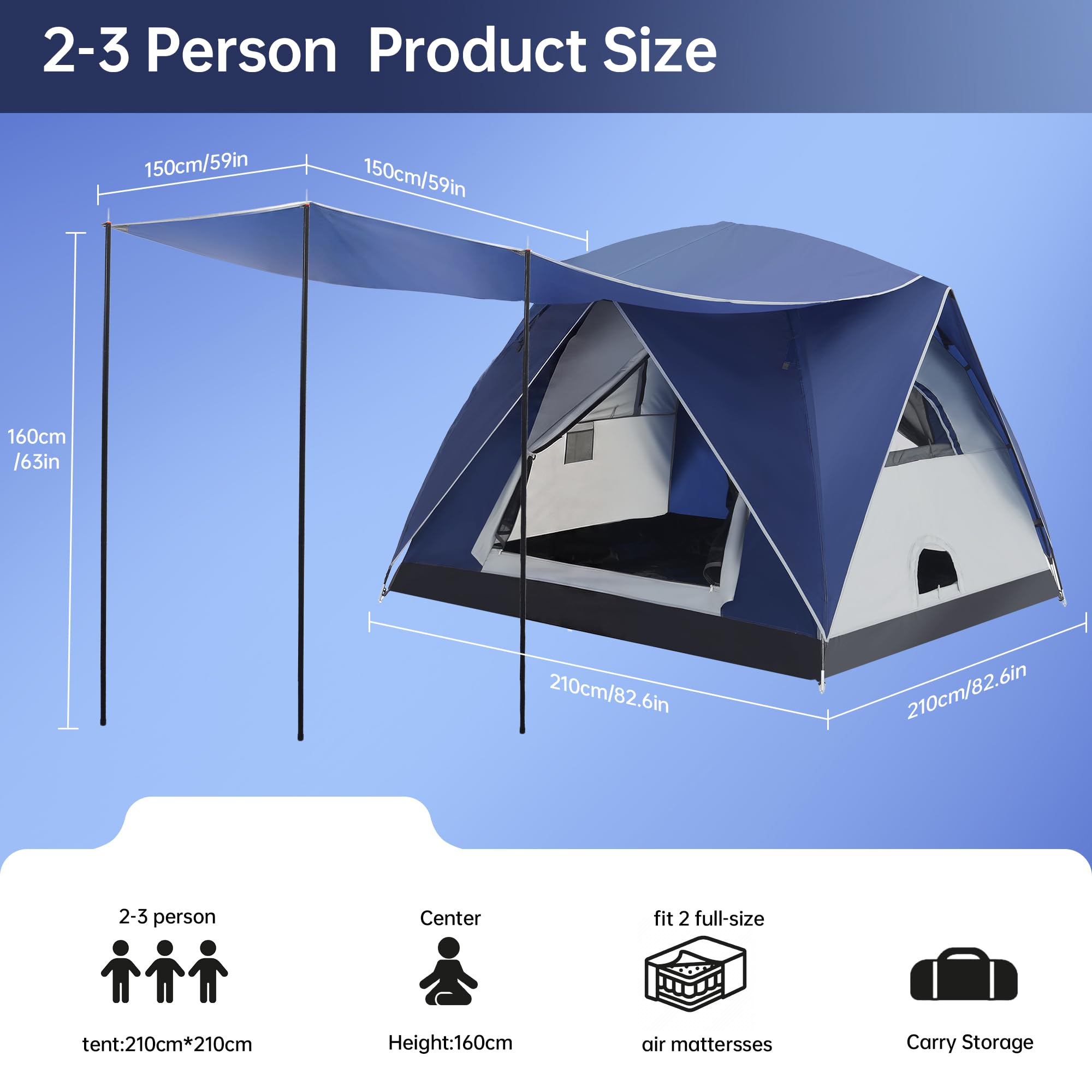 Tienda de campaña con cúpula para 2-3 personas con sala de estar y toldo, doble capa impermeable, ligera, fácil de instalar, bolsa de transporte portátil para senderismo, 210 x 210 + 150 x 160 cm