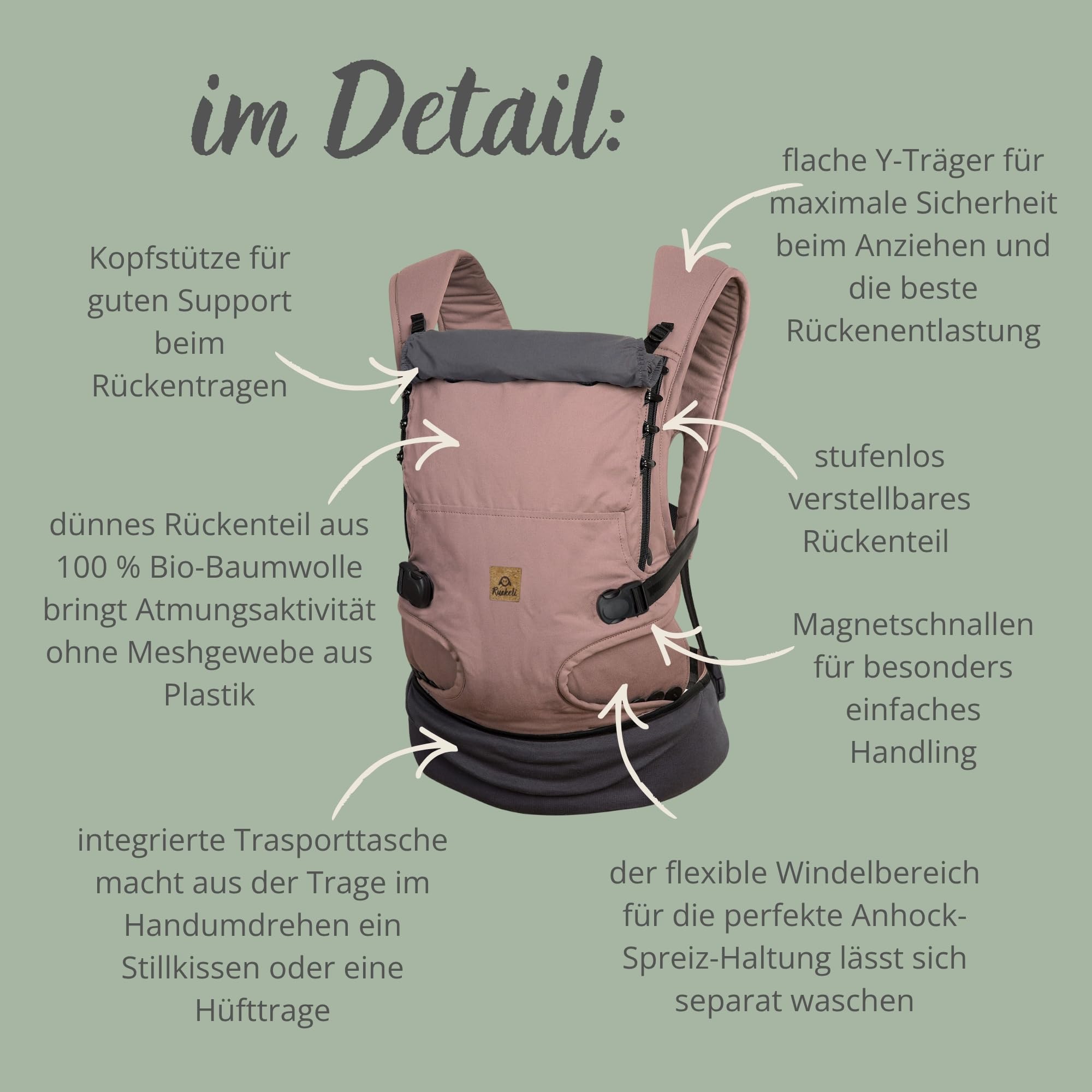 Ruckeli NEO Babytrage Sage Magnet-Schnallen Hüftsitz Ergonomisch Atmungsaktiv