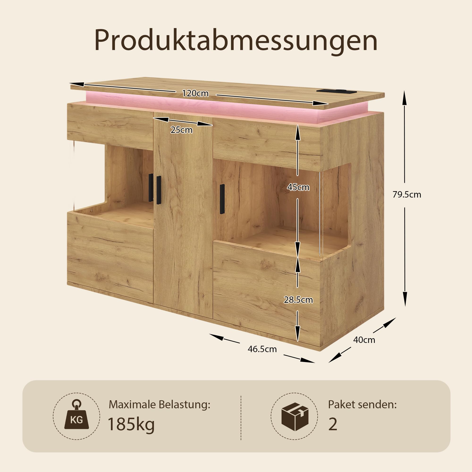 Buffet avec LED et Prises Meuble de Rangement 120 cm Chêne Clair
