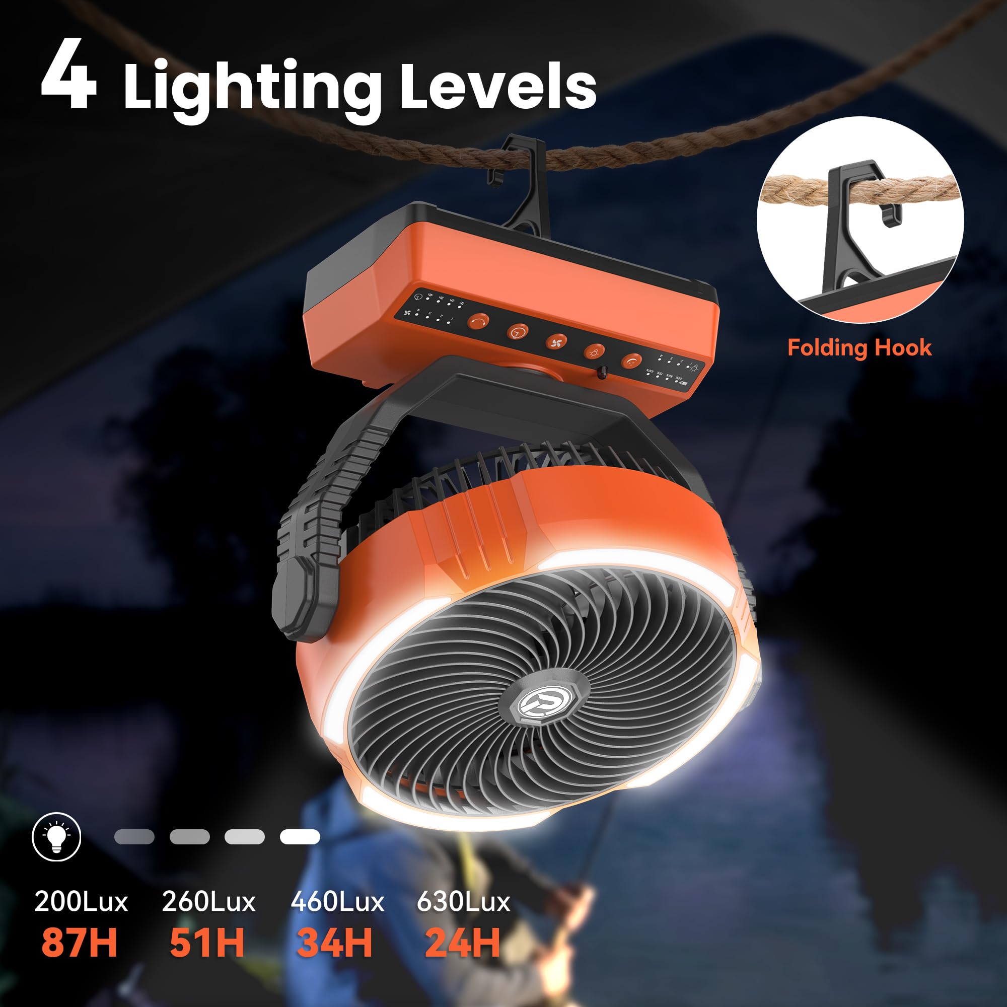 KITWLEMEN Wentylator kempingowy z latarnią LED, akumulator 20 000 mAh, akumulator, wentylator namiotowy ze światłem i haczykiem, osobisty USB do kempingu i wędkowania, zielony wojskowy