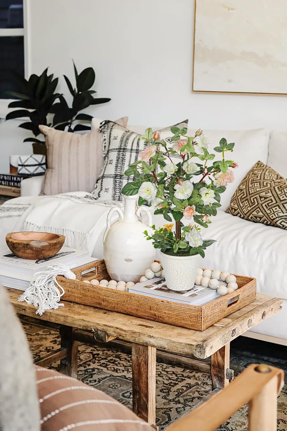 Hollyone Artificial Plants & Flowers in Vase White Camellia Roses Faux Flower Plant Arrangement with Pot Fake Rose Flowers Home Decor Office Bathroom Shelf Desk Table Decoration - Image 4