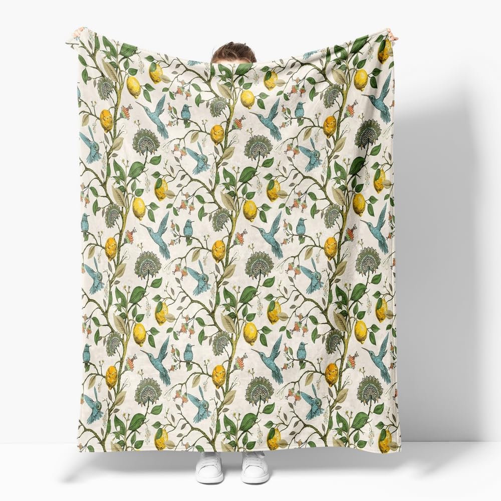 Lemon Tree Floral Bird Print Blanket, Rustic Soft Flannel Lightweight, Blue/Yellow/Green Vintage Throw for Living Room Sofa Decor, Gifts for Women Girls All Seasons, 60x80 inch