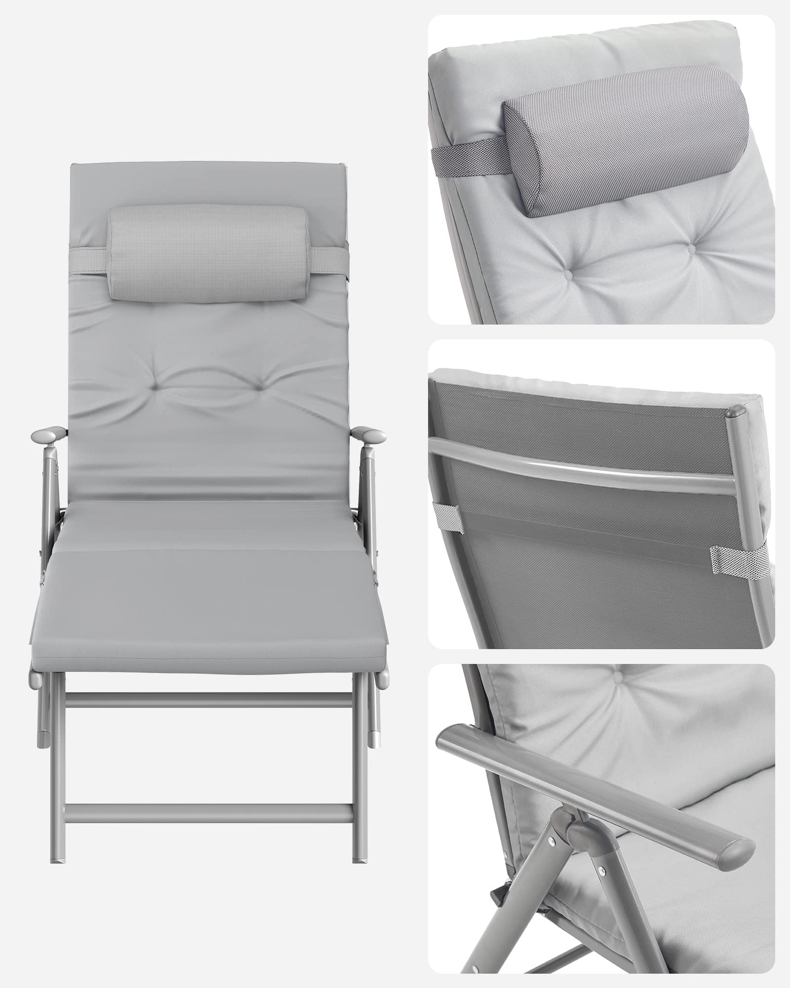 SONGMICS Chaise Longue, Bain de Soleil avec Matelas d Une épaisseur de 6 cm, Appui-tête Amovible, en Alu Anti-Rouille, Respirant, Inclinable, Charge Max 150 kg, Gris GCB24GY