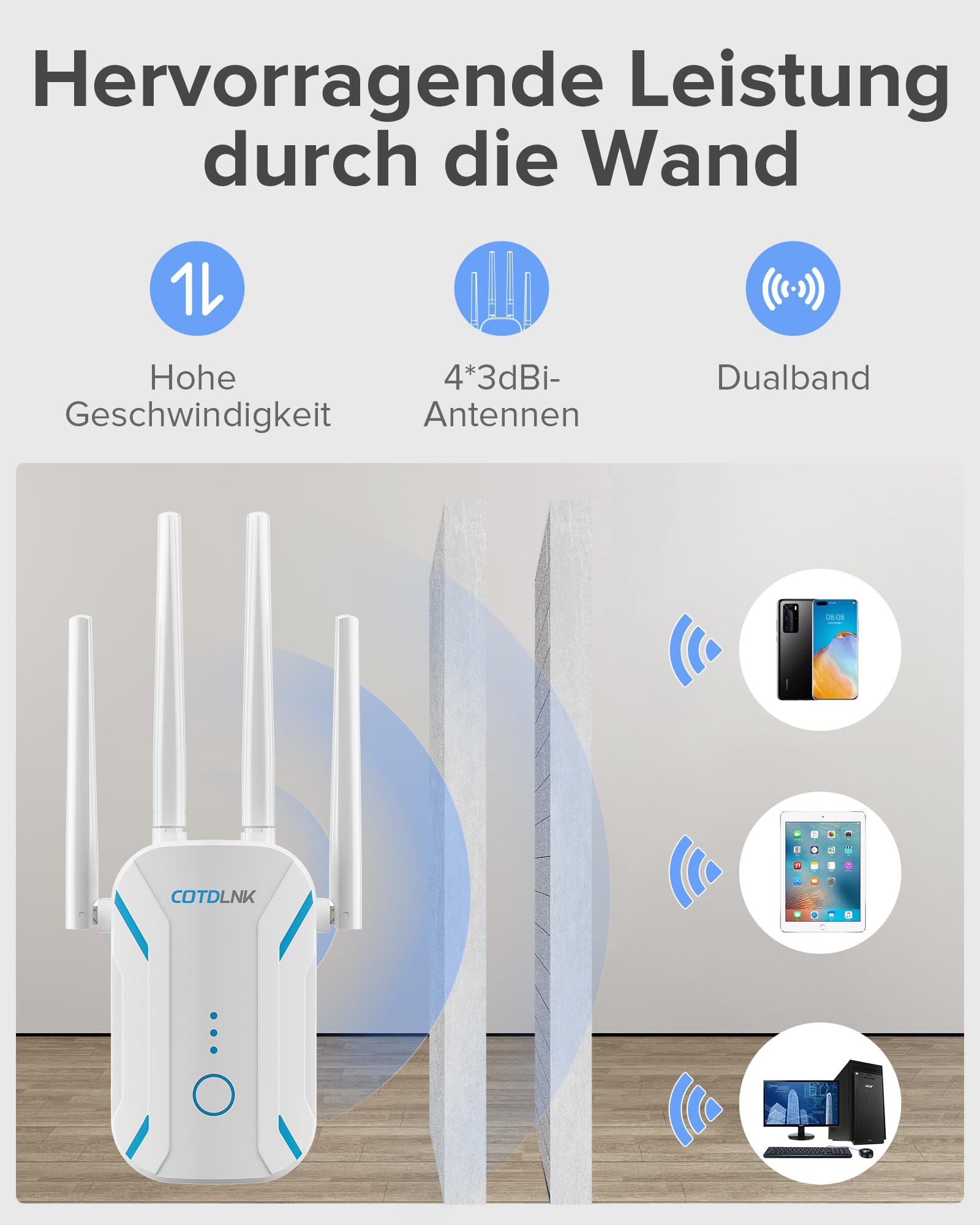 WLAN Verstärker WLAN Repeater für zu Hause WiFi Internet Verstärker 1200Mbit/s Dual Band 5GHz & 2,4GHz, einfache Einrichtung, EU-Stecker