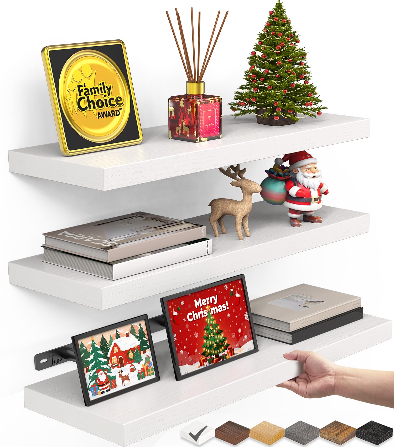 BAYKA White Floating Shelves for Wall – Rustic Wood Wall Shelves with Metal Brackets for Bathroom, Bedroom, Kitchen, or Living Room Decor Organization – Set of 3, Sturdy Storage with 22lb Capacity