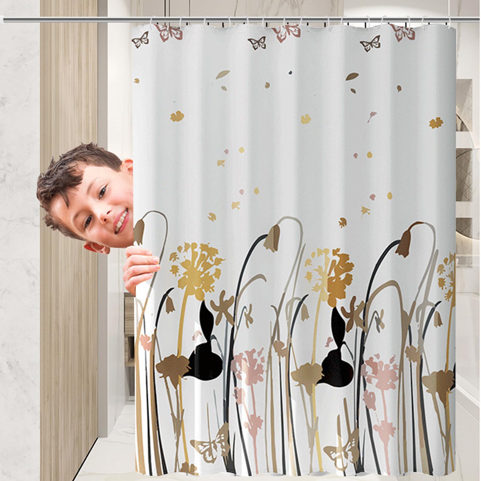 FOSDICK Shower Curtain Mould Proof Mildew Resistant, PEVA Bathroom Curtain Washable, Waterproof Shower Curtains with 6 Hooks - Image 3