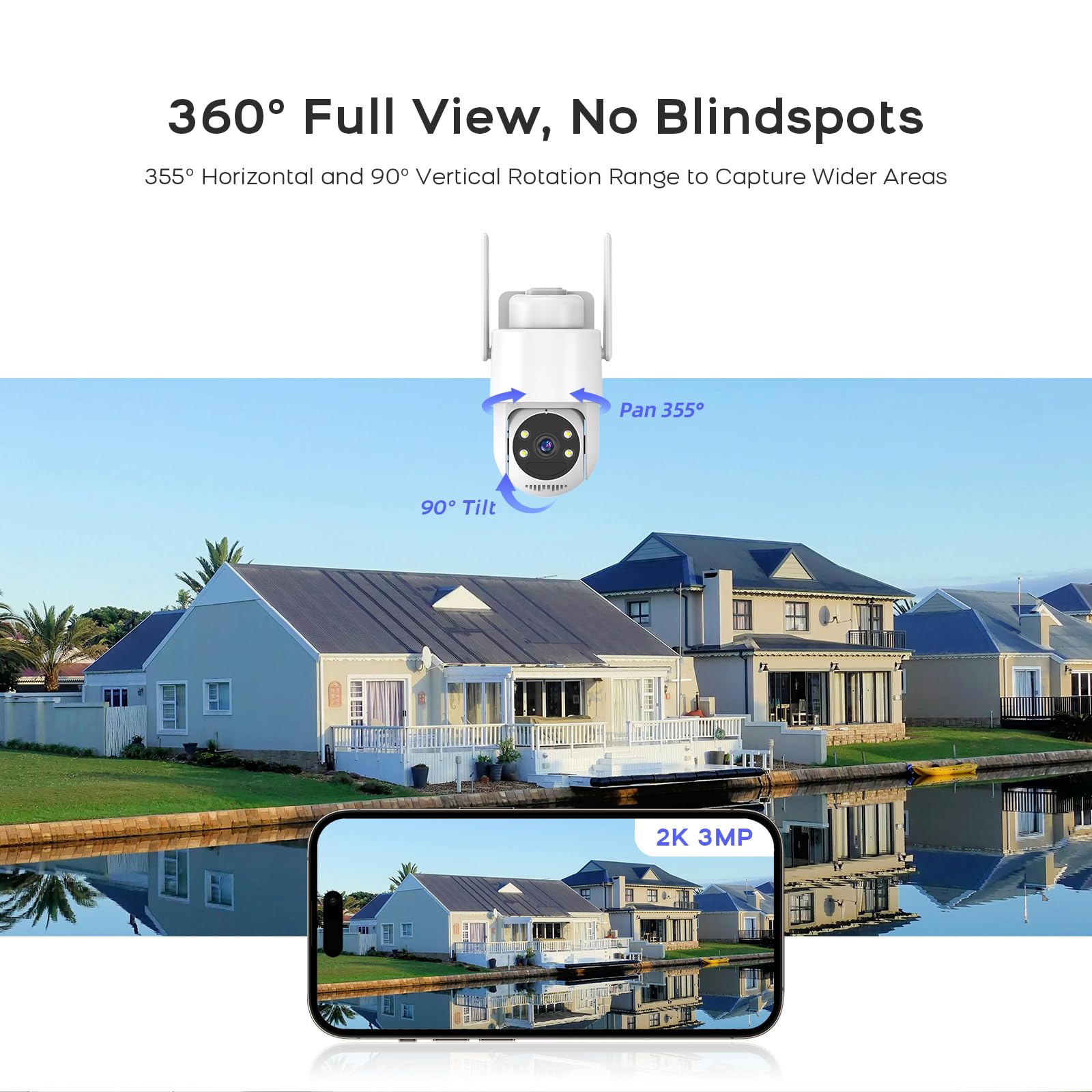 2K Cámara Vigilancia WiFi Exterior Solar, 360° PTZ Cámara Exterior Solar con Panel Solar/Alimentación por batería, Visión Nocturna Color, Audio bidireccional, PIR Sirena, Tarjeta SD de 32 GB