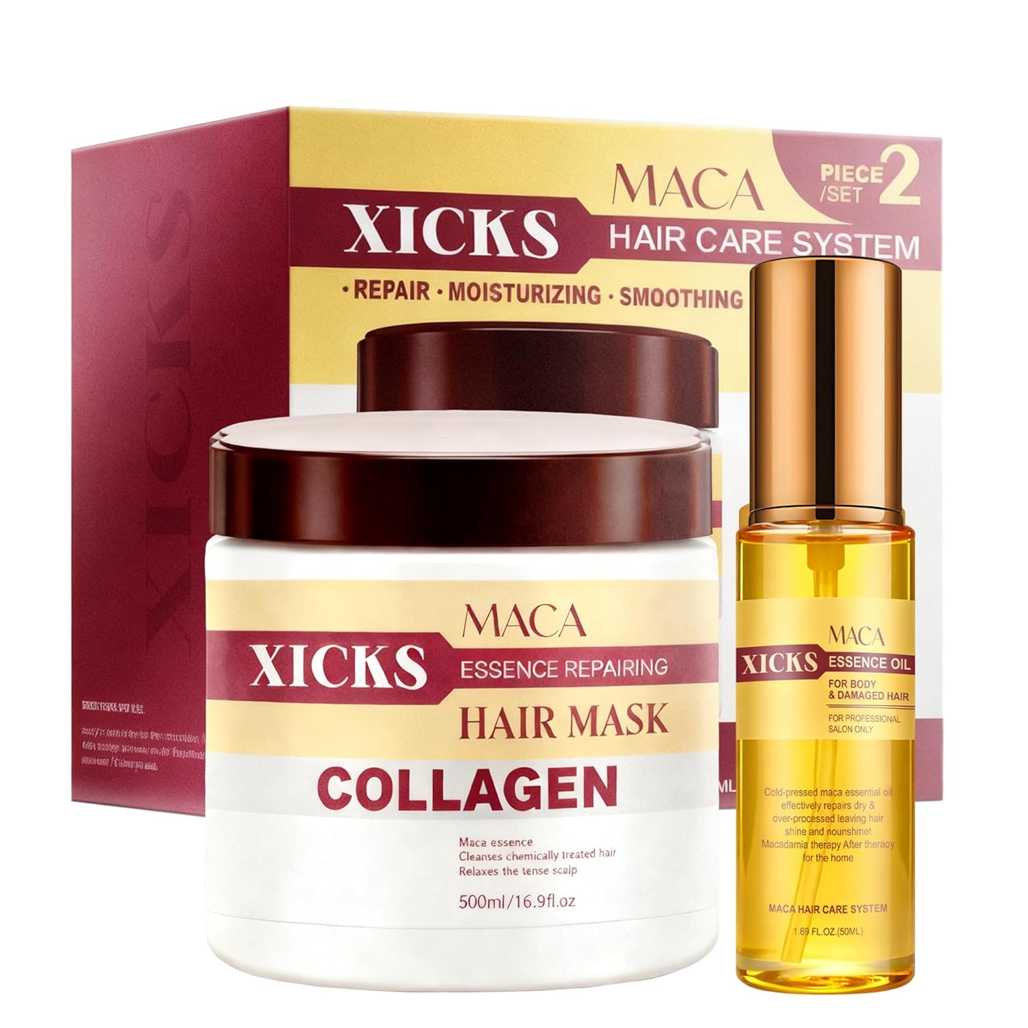 Maca Collagen Hair Mask and Essential Oil Set - Deep Repairs Damaged and Dry Hair - Anti-frizz Treatment Deep Conditioning Hair Mask Set with Rose Scent (16.9 oz + 1.69 oz)