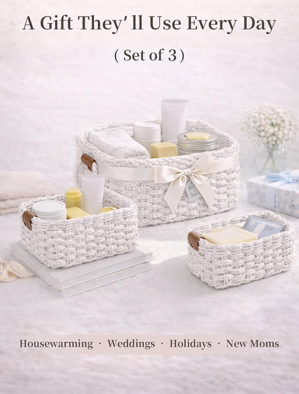 Storage Basket, Recycled Paper Rope Bathroom Basket Organizer, 3Pcs Small Baskets for Organizing, Mini wicker Basket for Decorative Storage Bins, Shelves, Bathroom, Cabinet - White