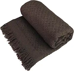 Decolab Manta para Sofá em Algodão com Franjas Artesanais | Cobertor Decorativo para Sofa, Poltrona e Cama | Estilo Boho Chic (Marrom)