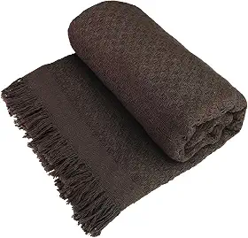 Decolab Manta para Sofá em Algodão com Franjas Artesanais | Cobertor Decorativo para Sofa, Poltrona e Cama | Estilo Boho Chic (Marrom)