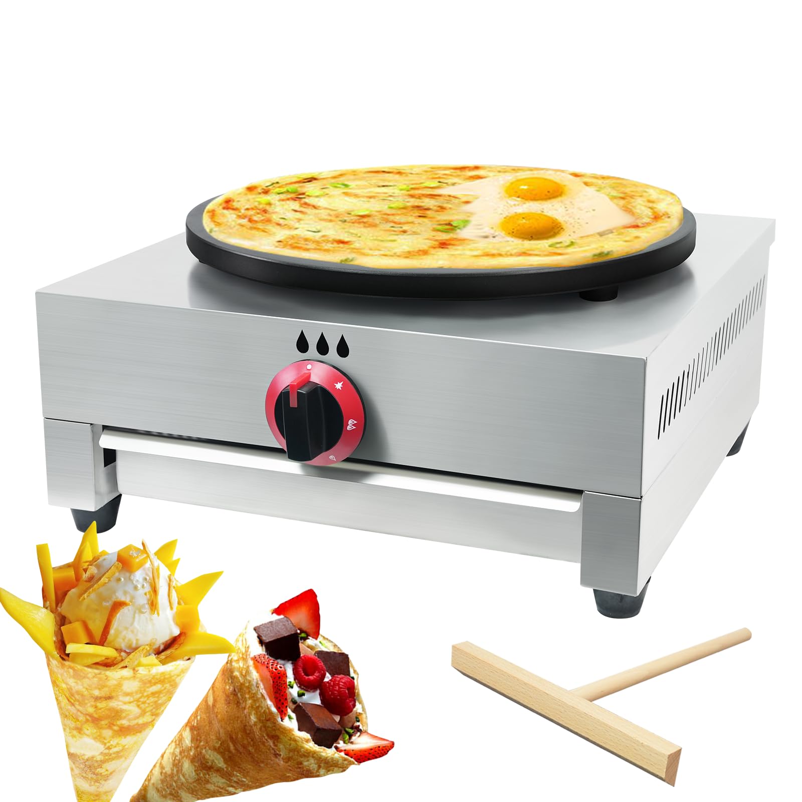 XXUNYNUIN Commercial Gas Crepe Maker 16-Inch Crepe Machine Adjustable Temperature Control Nonstick Stainless Steel Pancake Griddle Machine for Kitchen
