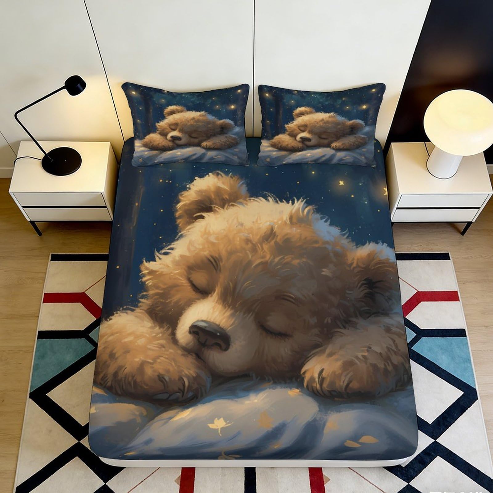 3D Printed Sleeping Bear Fitted Sheet Microfiber Soft Anti-Slip Bed Cover Night Star Pattern for Bedroom Dorm Decor 160x200x25cm