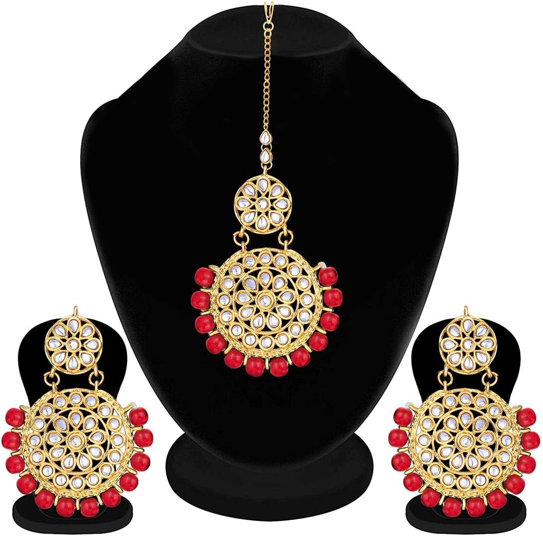 Aheli Floral Pattern Kundan and Beads Earrings Maang Tikka Set Indian Bollywood Ethnic Fashion Jewelry Gift for Women