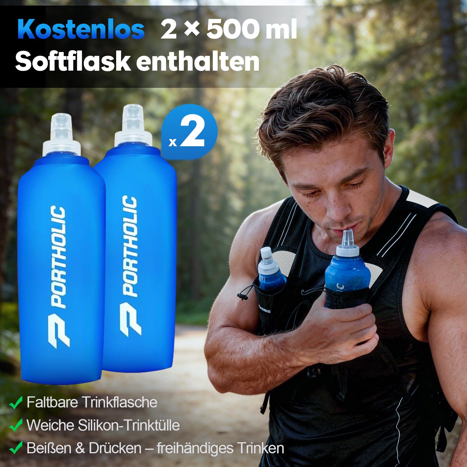 PORTHOLIC Gilet da corsa da uomo e donna, con 2 bottiglie da 500 ml, luce a LED, riflettente a 360°, impermeabile, leggero e regolabile, per jogging, trail running, trekking, maratona
