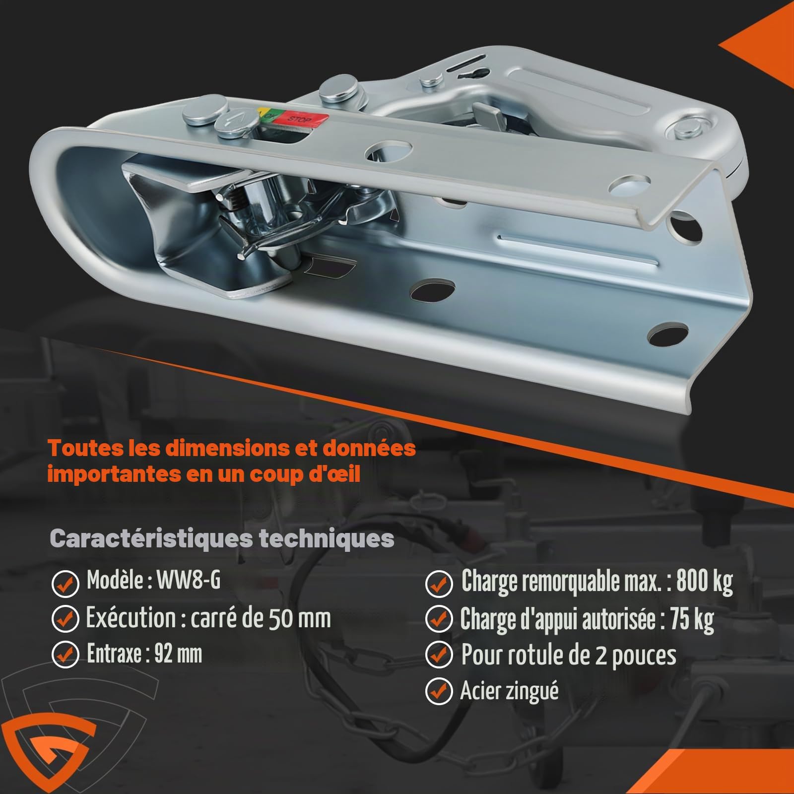GEARMONSTER Attache de remorque 800 kg, tête d'attelage carrée, 50 mm, boule universelle, attelage de remorque WW8-G