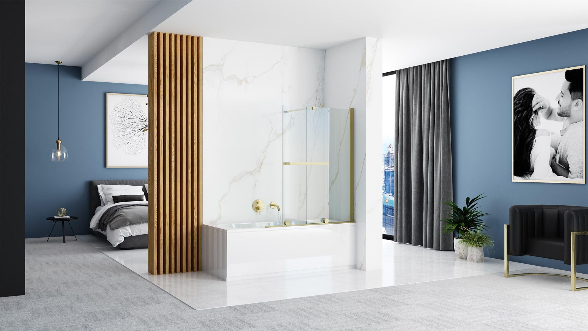 REA MAMPARA DE BAÑO FABIAN 100 CM MAMPARA DE BAÑERA, ALTURA 140 CM (ORO CEPILLADO)