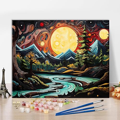 Miniatura 1 de Kit de pintura al óleo para bricolaje, pintura abstracta de luna y montaña por números para adultos principiantes, pintura de arte moderno con