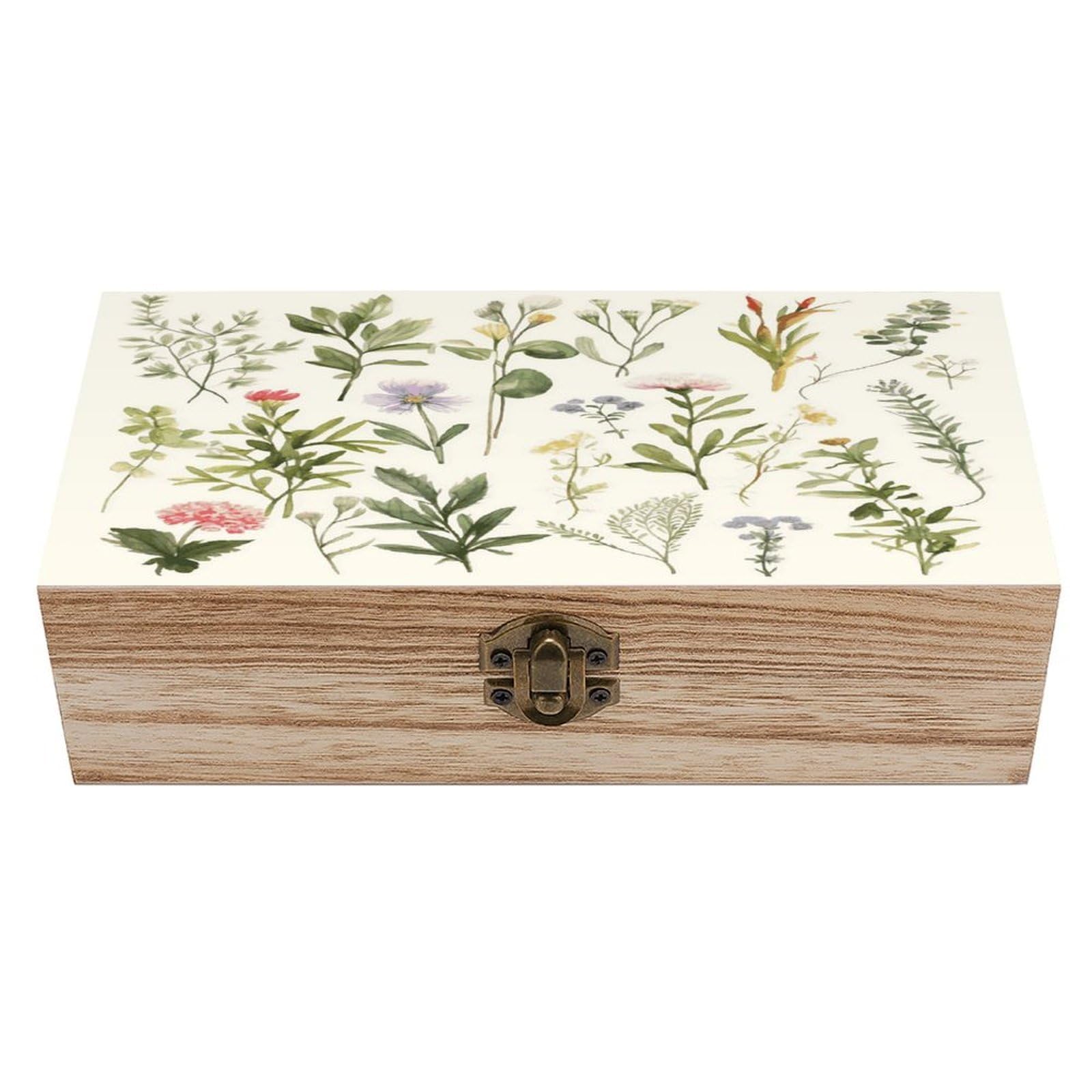 JTREHY Season Watercolors of Herbs Flowersb Wooden Keepsake Box Vintage-Style Wood Keepsake Case with Hinged Lid Solid Wood Boxes Beautifully Memory Treasure Case Vintage-Style Wooden Storage Box