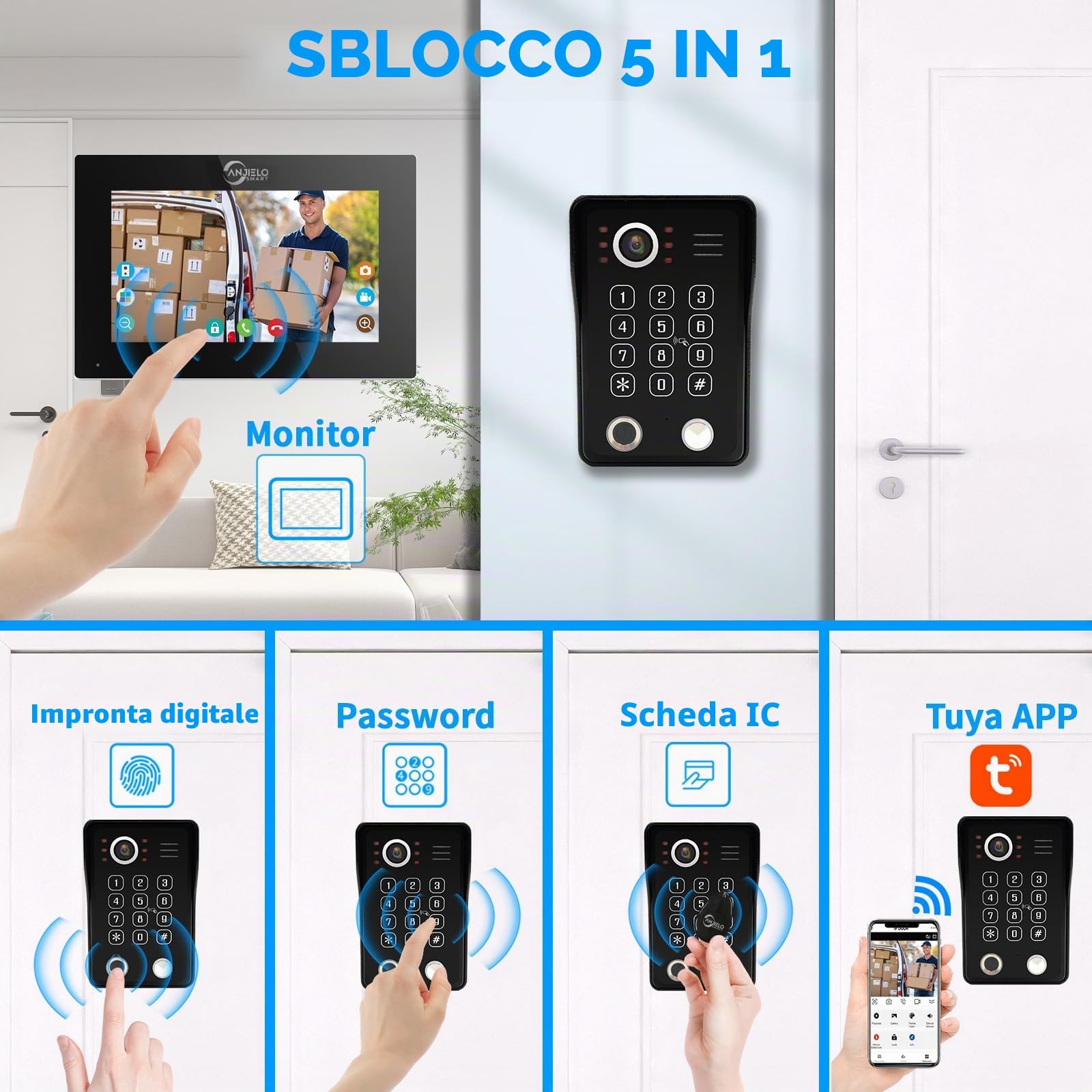 ANJIELO SMART Videocitofono, display touch screen da 7 pollici con sistema telefonico 1080P integrato, sblocco con impronte digitali, scheda RFID e codice PIN e rilevamento dei movimenti umani, 94218