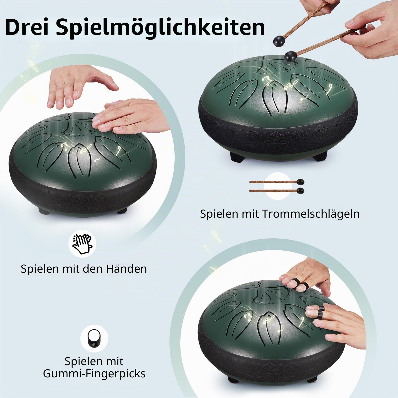 LEKATO 6 Zoll Zungentrommel, 11 Töne in C-Tonart Steel Tongue Drum mit Songbuch, Tragetasche, Trommelschlägeln, Mini-Handpan-Trommel-Percussion für Meditation, Geistheilung, Grün