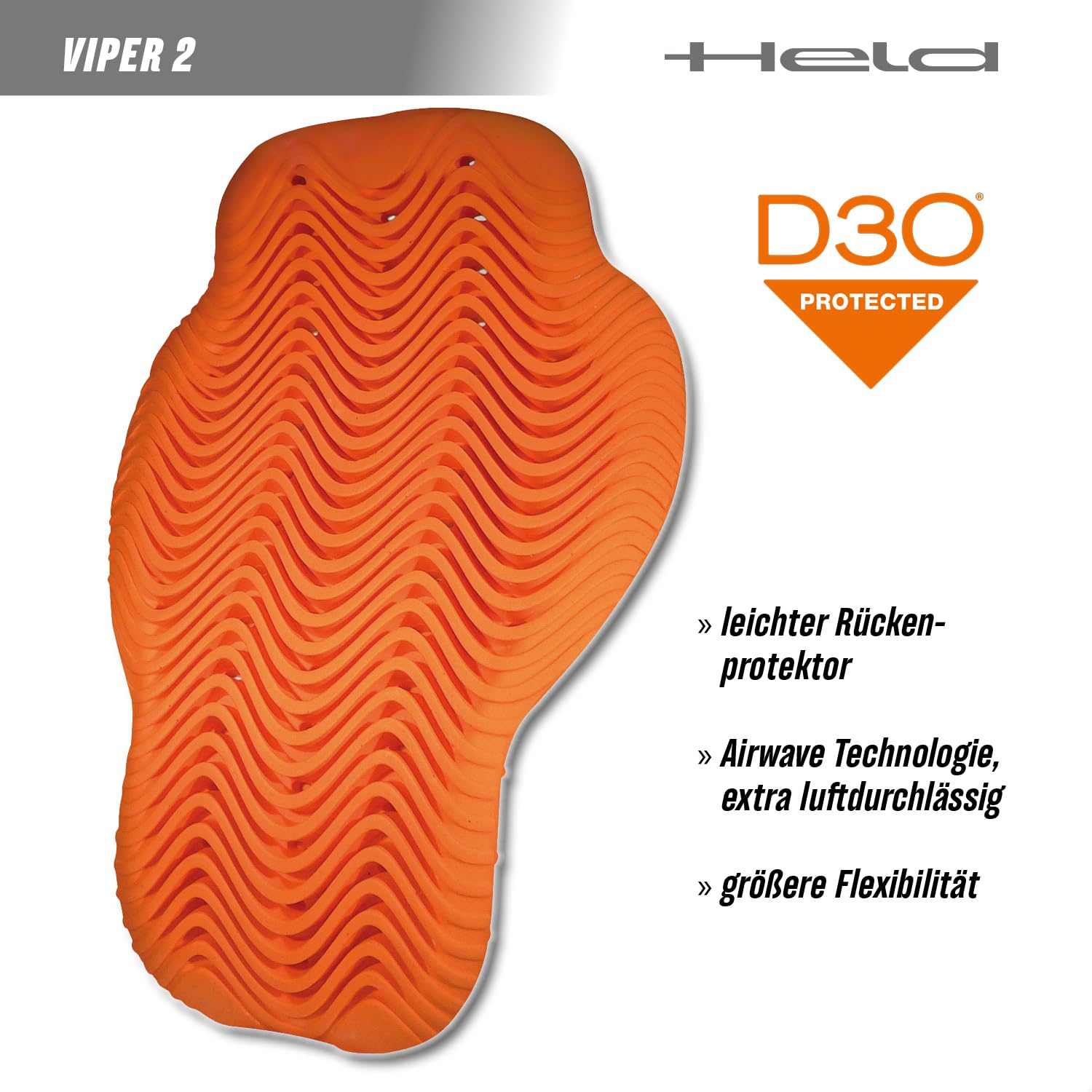 Held D3O Viper 2 Rückenprotektor Motorrad, Ski und Snowboard - Patentierte Airwave Technologie, Flexibel, Leicht, Atmungsaktiv - CE Level 2 Schutzklasse EN 1621-2:2014 zertifiziert - Orange - Gr. S-XL
