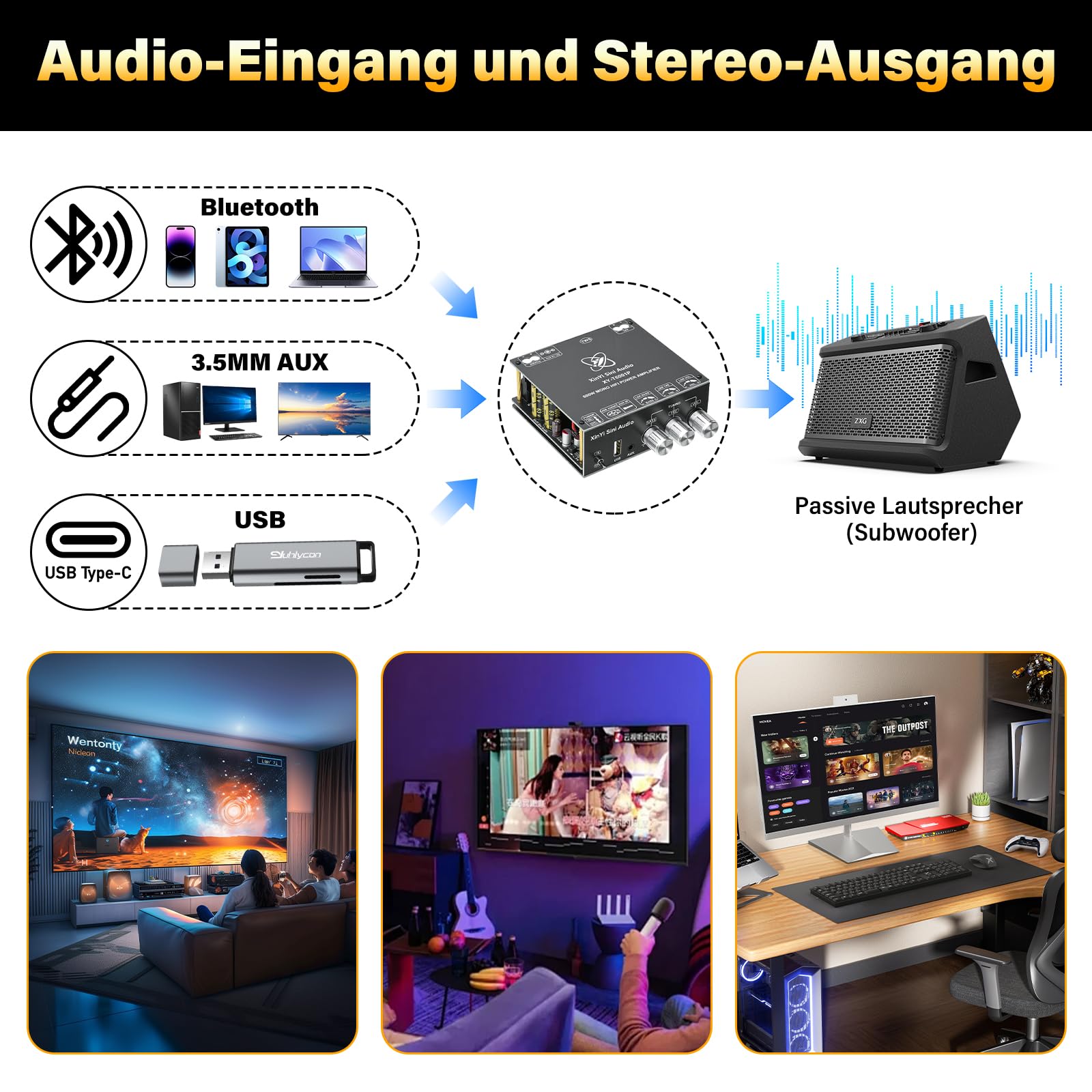 HiFi Verstärker Modul mit Bluetooth 5.0, 600W Subwoofer TWS Mono Digital Stereo Audio Verstärker Board TPA3255 Chips, AAC/SBC, DC 19-51V/10A, BT 5.0/USB/AUX, für DIY Lautsprecher