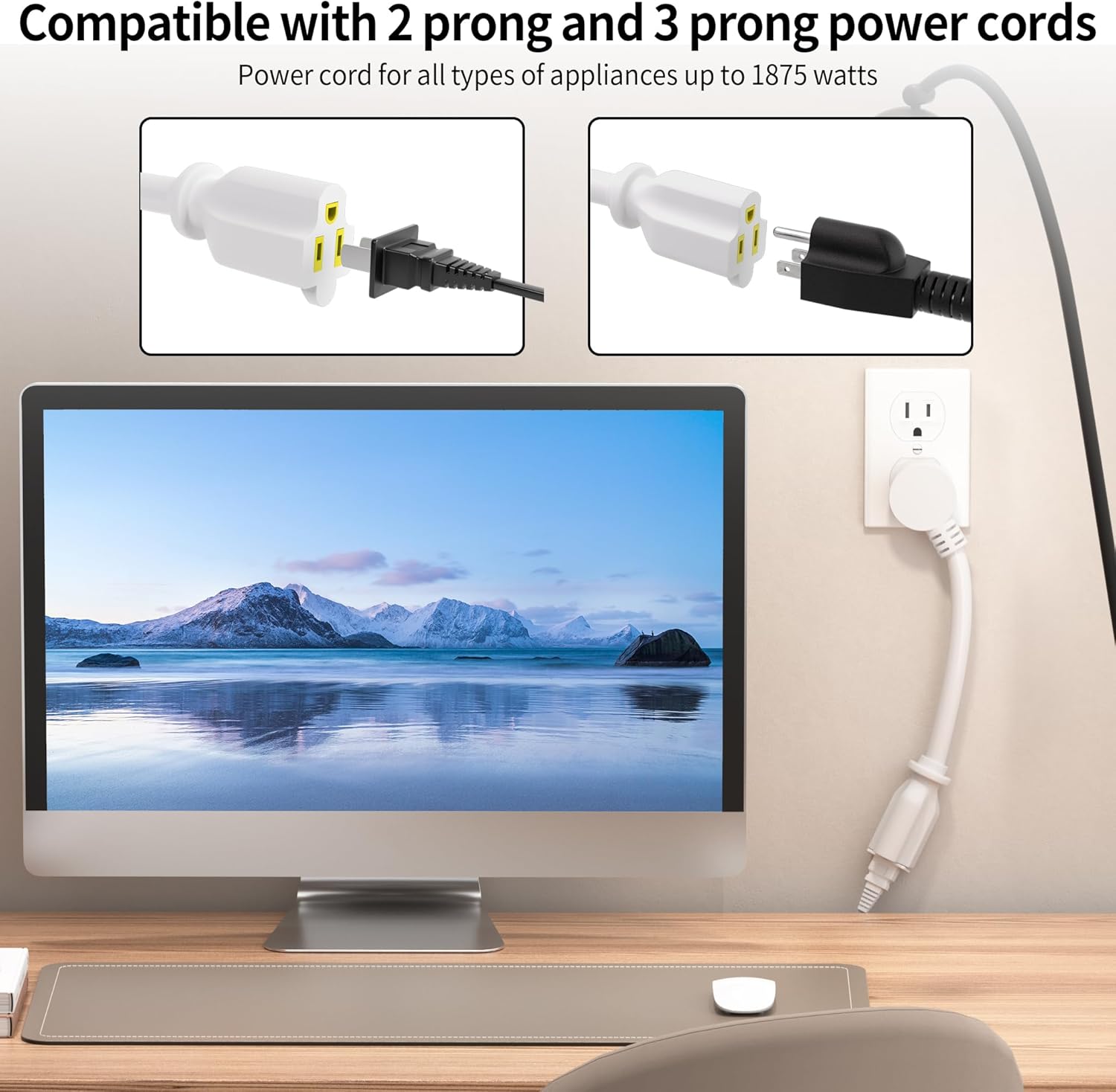 6 FT White Low Profile Flat Plug 14 Gauge Heavy Duty Extension Cord, 14AWG 3-Wire Grounded Appliance Extension Cord, 15A/125V/1875W SJTW ETL Listed Power Cord - Image 4