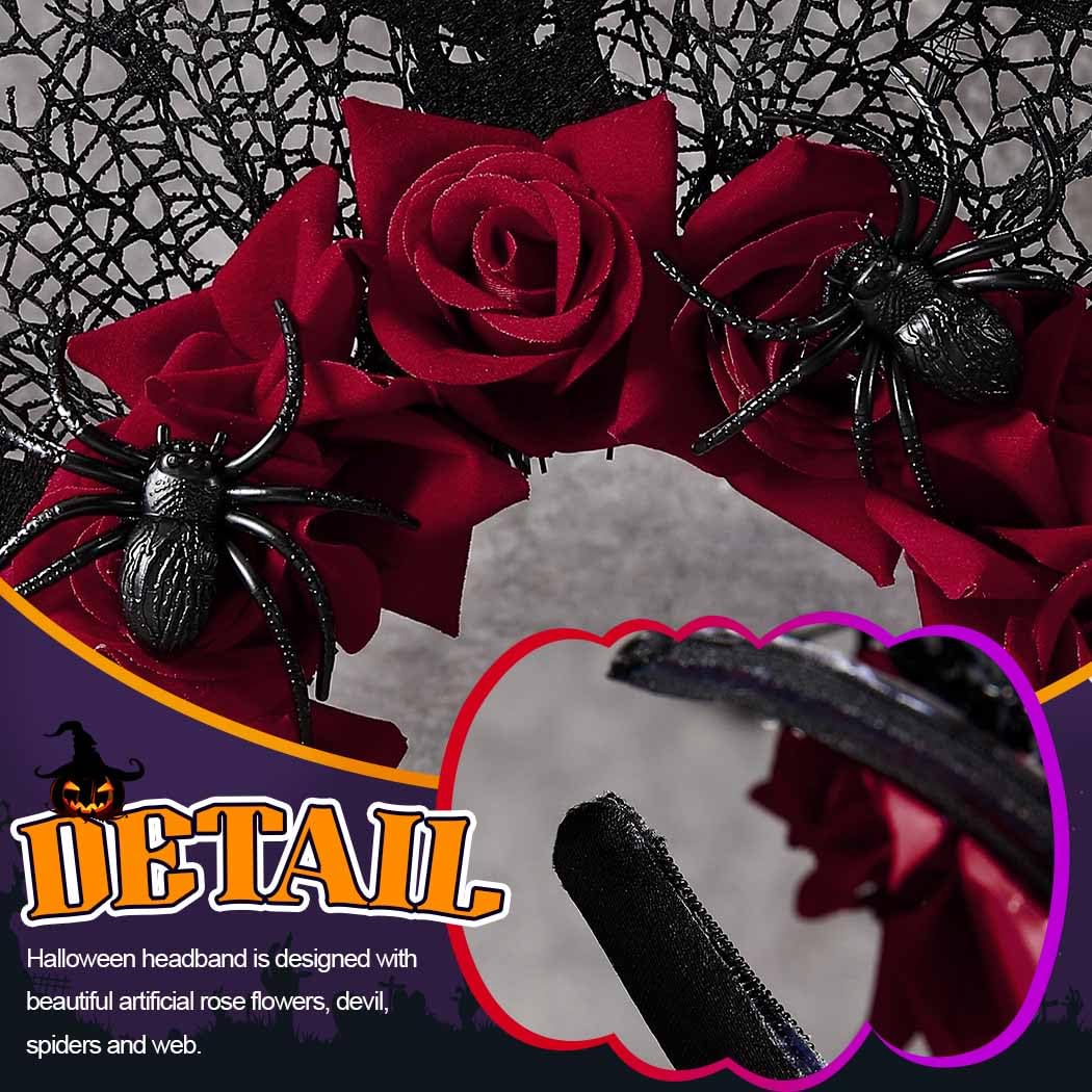 Zoestar Rose Flower Halloween Headband Mexican Floral Crown Headbands Black Spider Headpiece Day of the Dead Hair Accessories for Women - Image 4