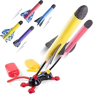 Prextex Double Air Rocket Launcher for Kids - 6 Colourful Foam Rockets w/Stunt Planes & Double Launcher Stand w/Launch Pad, Stomp Rocket Launcher Playset, Fun Outdoor Toy for Kids - Shoots up to 60M