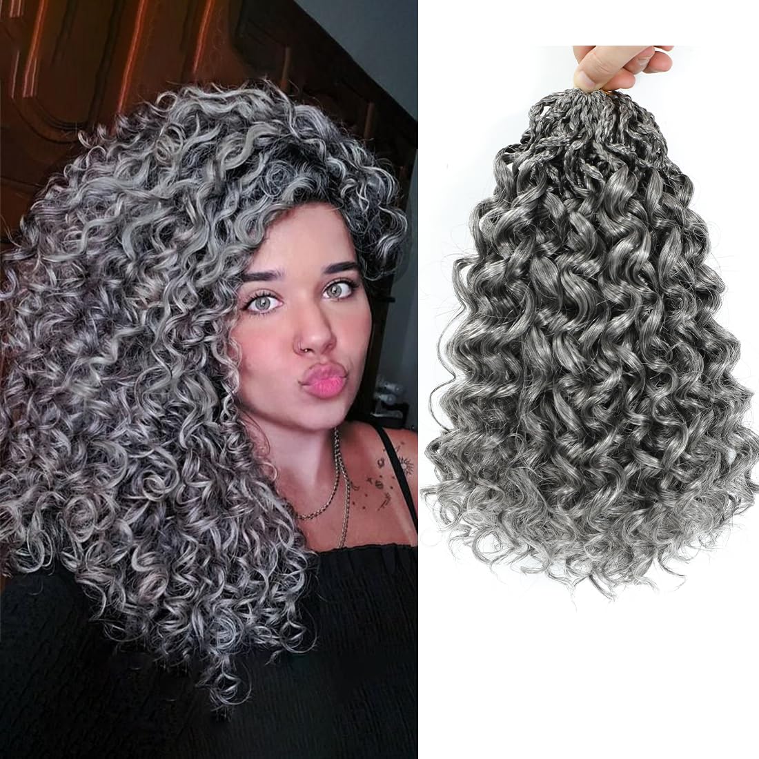 Pre looped Gogo Curl Crochet Hair 14 Inch 8 Packs Pre twisted Short Curly Crochet Hair for Black Women Ocean Wave Braiding Hair Water Wave Deep Braiding Hair (14 inch Grey)