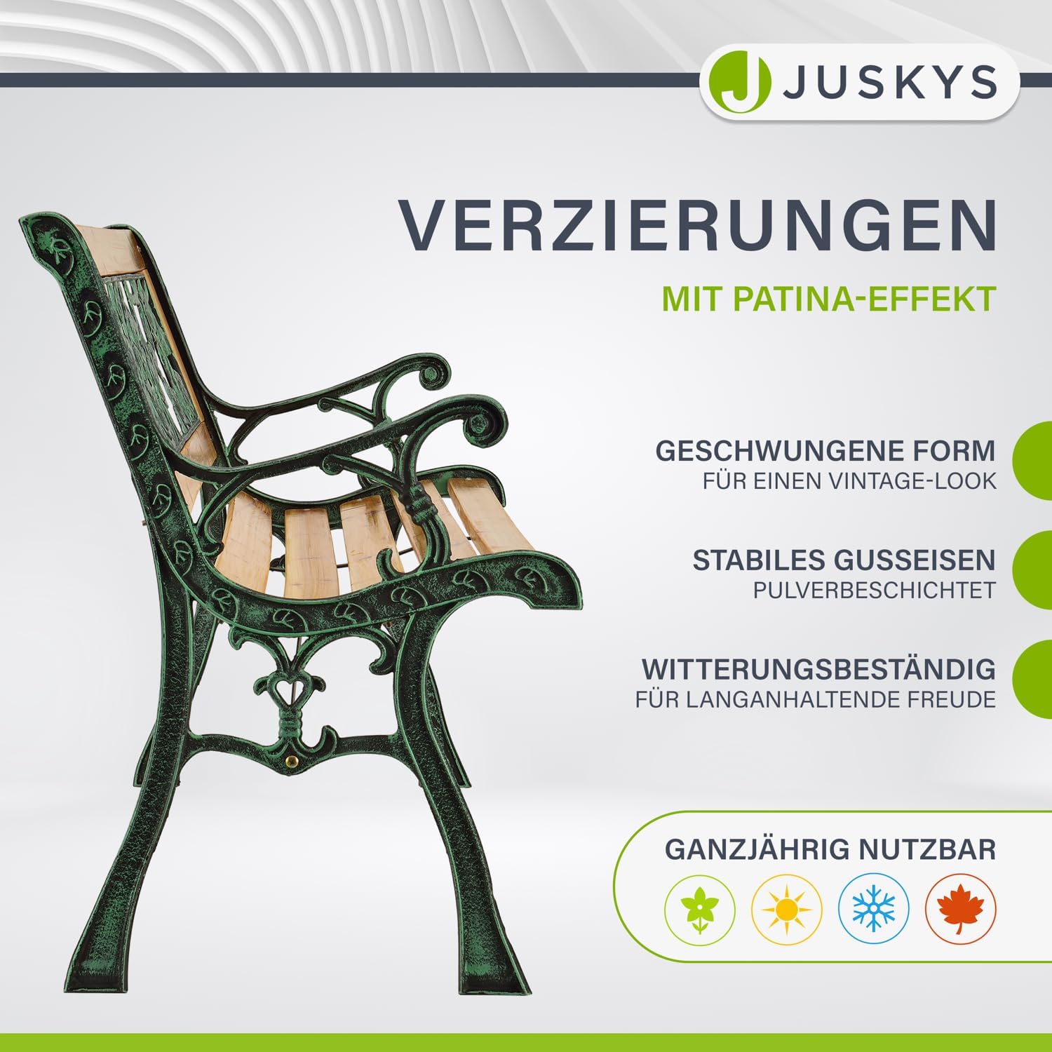 Juskys Gartenbank Venezia - 2-Sitzer Holzbank mit Armlehnen & Rückenlehne - wetterfeste Sitzbank 122x54x73 cm - Seitenelemente aus Gusseisen
