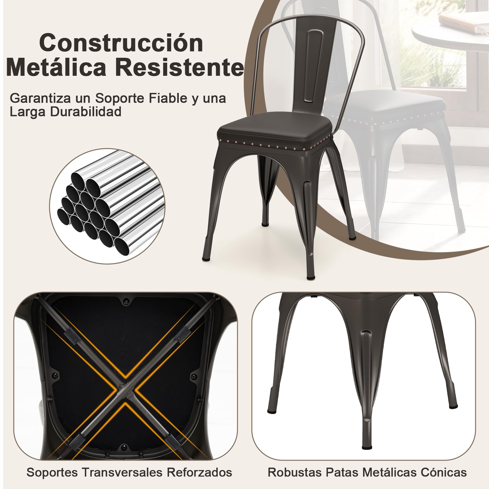 GIANTEX Juego de 4 Sillas de Comedor de Metal Apilables, Asiento Acolchado y Respaldo Desmontable, Carga hasta 150 kg, Sillas de Estilo Industrial para Restaurante, Cafetería, Bistró (Marrón)