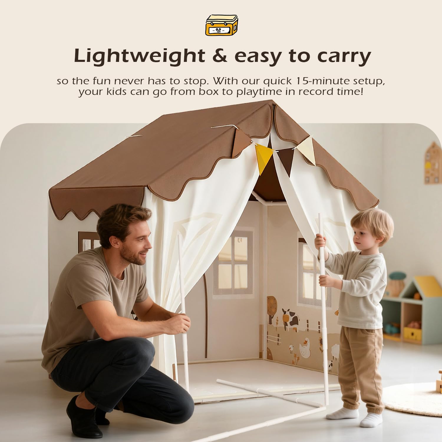EagleStone Tente de Jeu pour Enfants avec Guirlandes et Tapis Moelleux, Intérieur, Cabane Lit-Tente, Coin Douillet, Beige