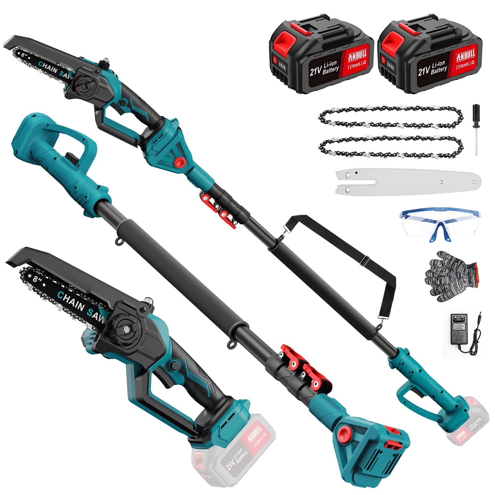 Anbull 2-in-1 Hochentaster Akku, 8 Zoll Mini Kettensäge Akku, 1200W Bürstenloser Motor mit 2 x 4000 mAh Batterien, Maximale Reichweite bis zu 4,8 m für Baum Trimmen Ast Schneiden Gartengerät