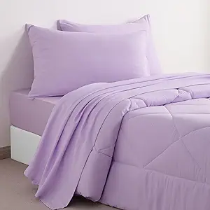 FLXXIE 5 Pieces Toddler Bedding Set, Soft and Breathable Microfiber Crib Sheet Set, Includes Quilted Comforter, Flat Top Sheet, Fitted Sheet, Envelope Pillow Case for Boys and Girls, Lavender