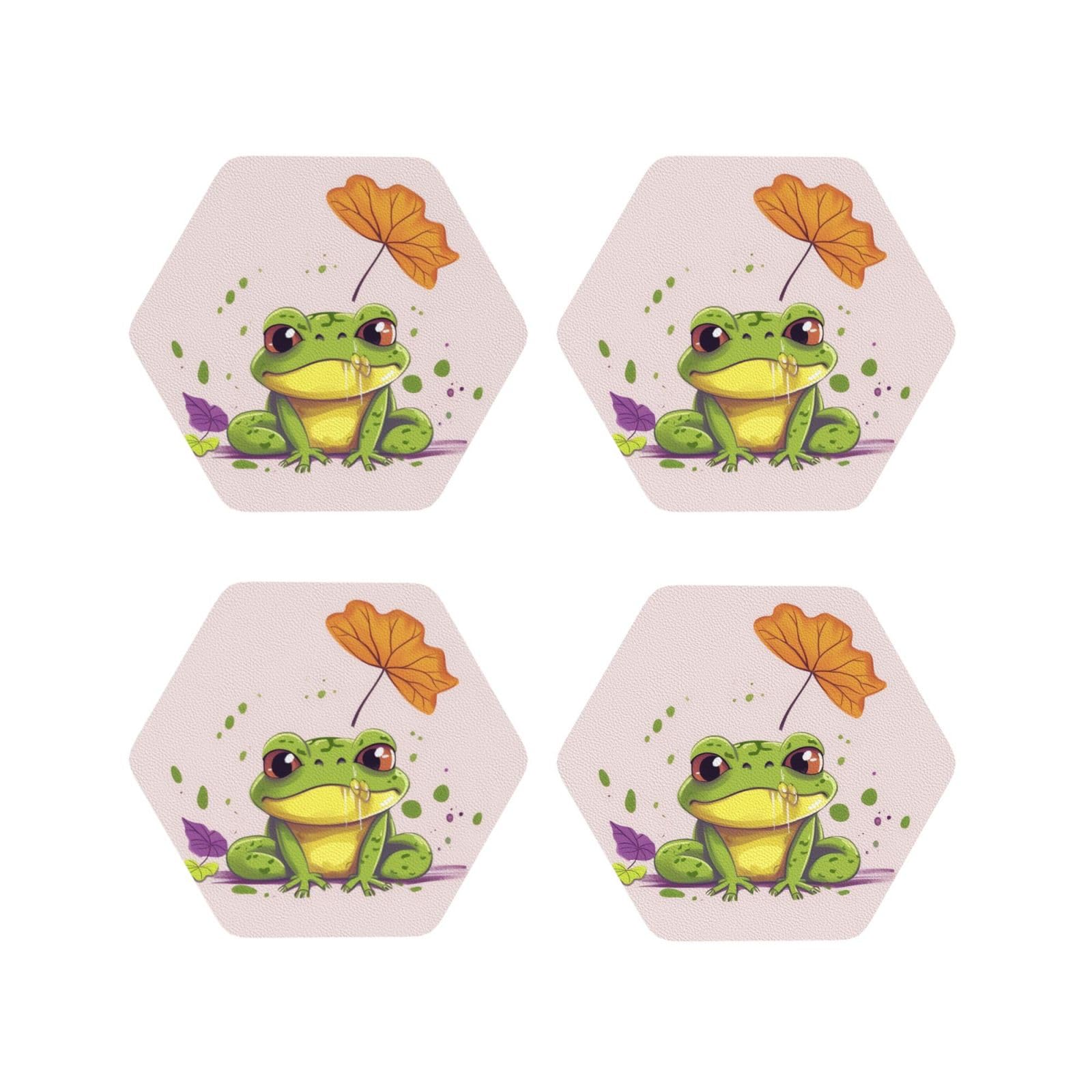 4pcs Drink Coasters for Tabletop Protection, 4" Leather Coasters for Drinks, Leaves and Frog Cup Coasters for Coffee Table Decor, Non-Slip Drinking Cup Mat for Hot Or Cold Drink