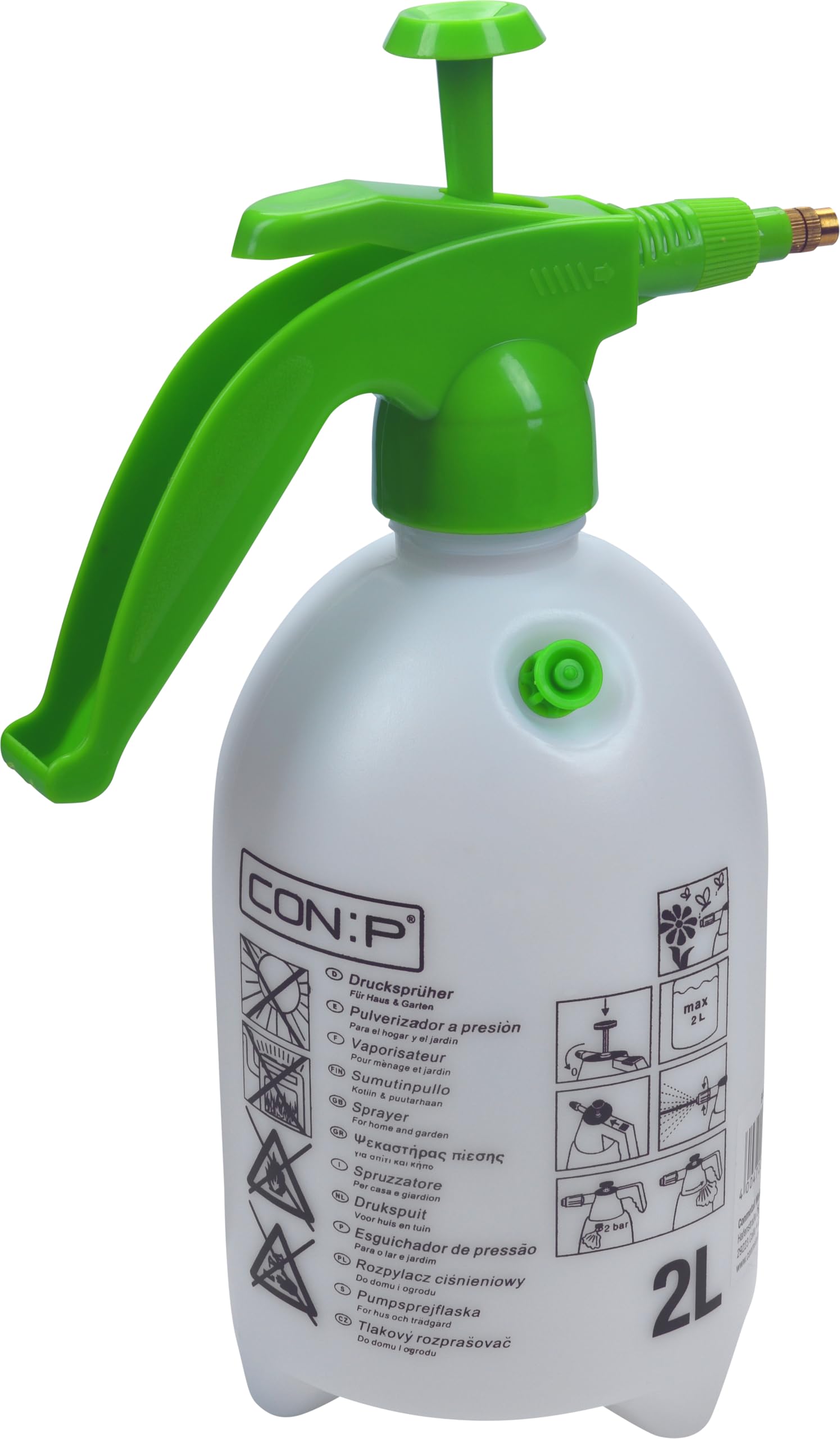 CON:P Gartensprüher 2 L mit Pumpe - grün - sehr leichtgängige & wirkungsvolle Pumpe - verstellbare Messingdüse - mit Überdruckventil / Sprühflasche / Drucksprüher / Pumpsprühflasche / B45041