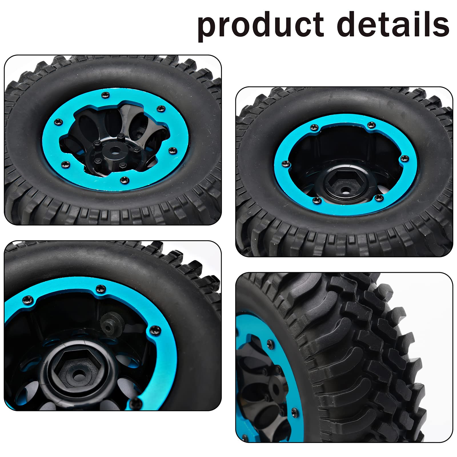 4-pak 1/10 RC opony i koła gąsienicowe, 4,8 cm plastikowa obręcz koła Beadlock 12 mm Hex Hub Off Road Crawling gumowa opona OD 100 mm, niebieska