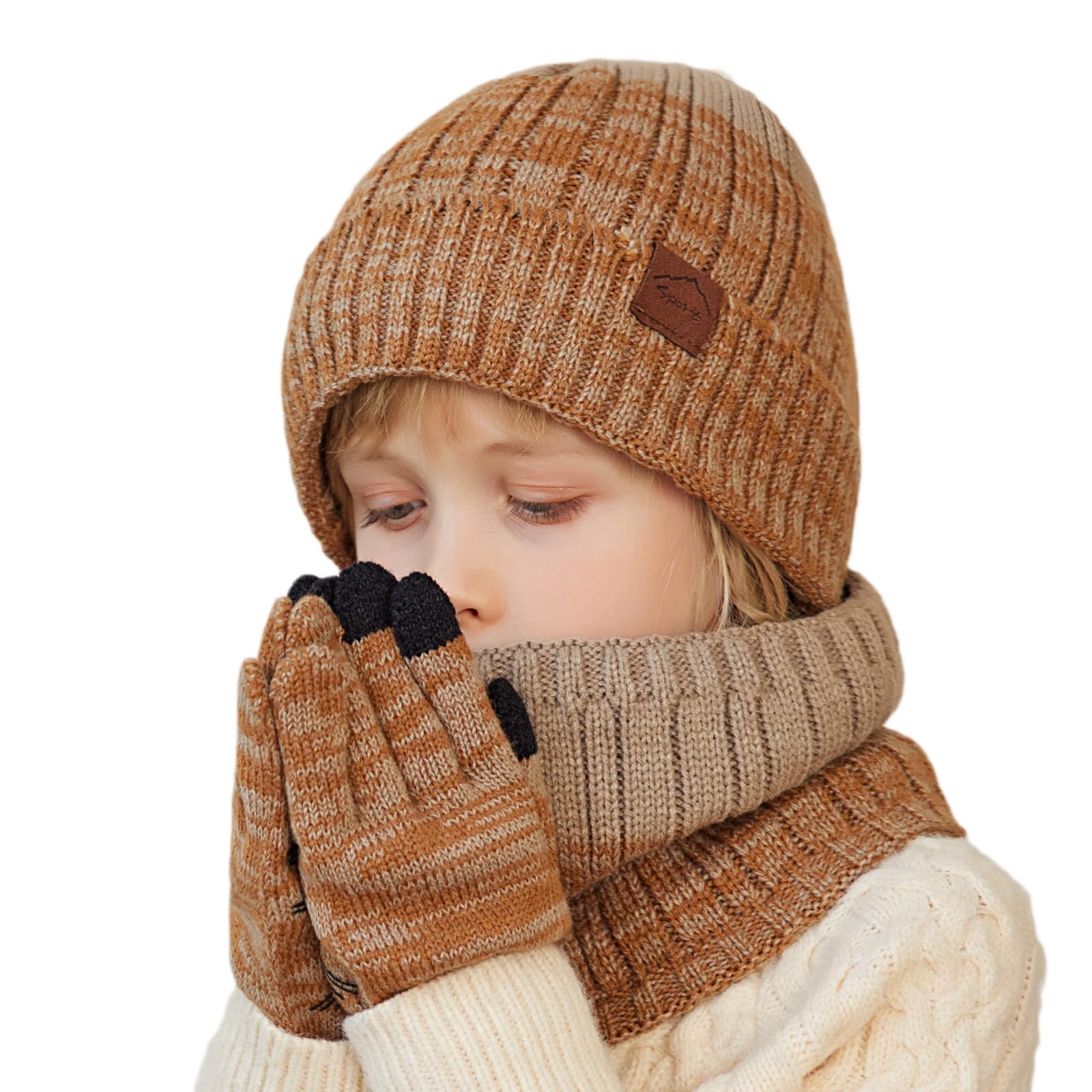 MAZELIKEHOOD Cappello Sciarpa Guanti per Bambino Set 3 Pezzi Invernale per Ragazzi Ragazza Caldo Cappuccio con Paraorecchie Sciarpa e Guanti per Neve Regalo di Natale per Bambini 4-10 Anni