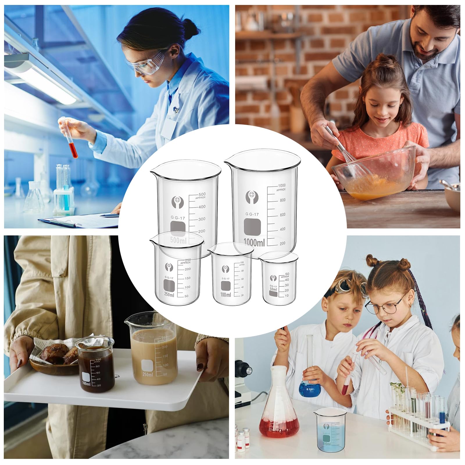 Glas Becherglas Set 50 ml 100 ml 250 ml 500 ml 1000 ml, 5er Set Abgestufter Messbecher, Borosilikatglas Glasbecher für Labor, Glasmessbecher-Set, für Labore, Klassenzimmer Heimgebrauch