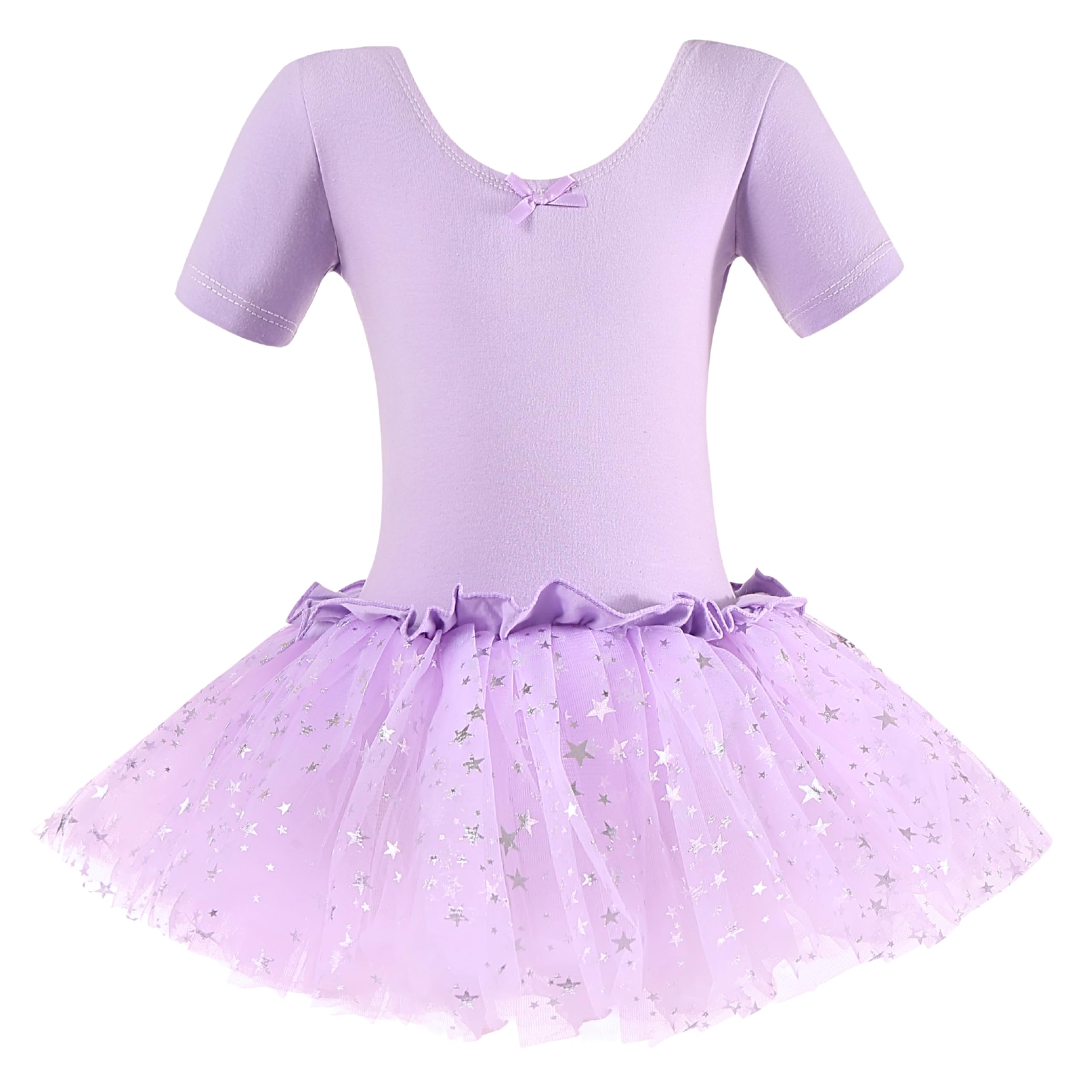 Dancina Leotard Sparkle Tutu Dress Short Sleeve Girls' Higher Neckline Cotton Twirl Skirt 8 Lavender