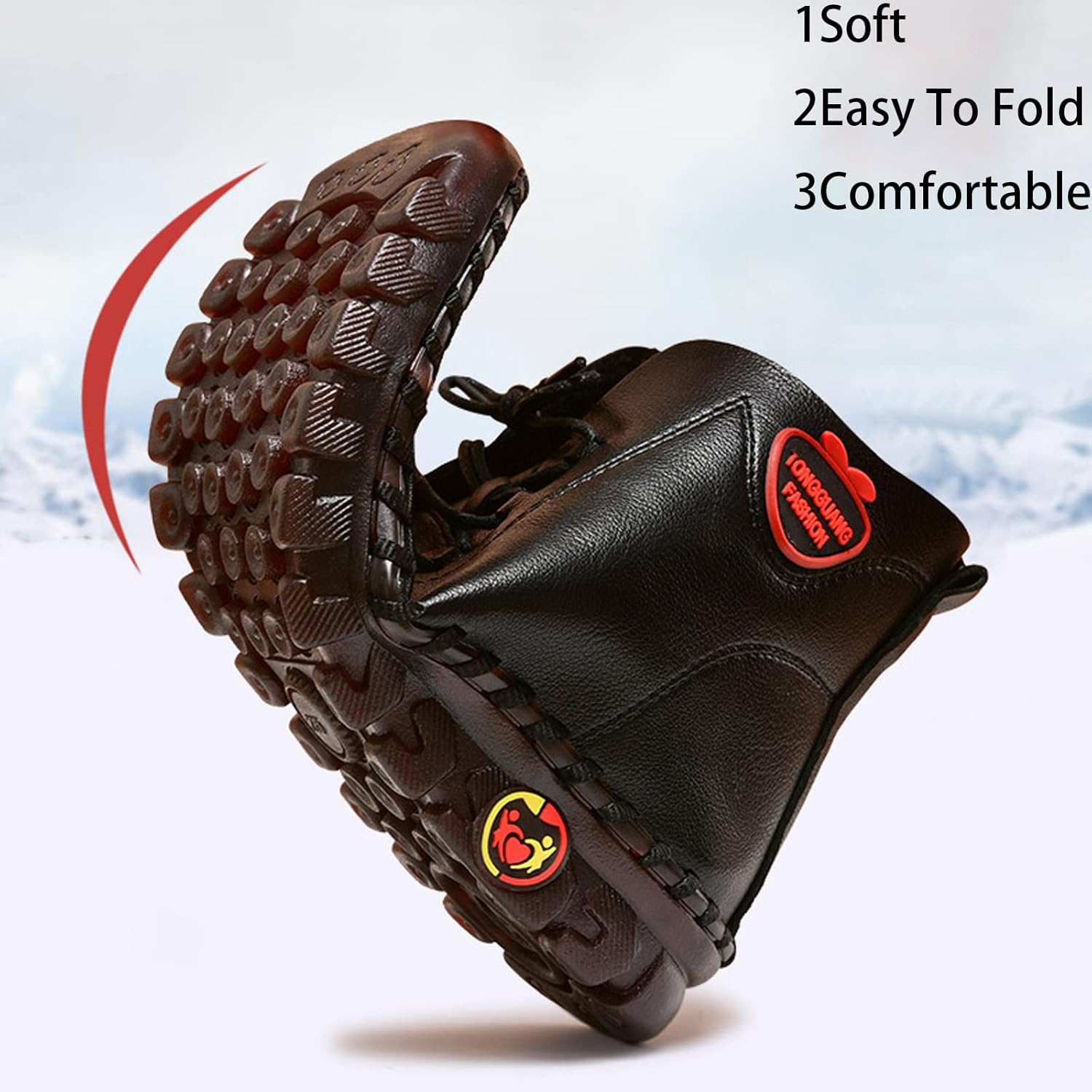 Women's Leather Fleece Warm Hand-Stitched Ankle Cotton Shoes?Winter Soft Sole Non-Slip Waterproof Casual Snow Boots