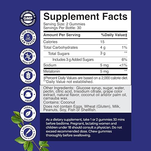 Miniatura 2 de Melatonina 5 mg Natural Sleep Aid  Gomitas de melatonina natural 5 mg Suplemento de sueño profundo para el alivio del insomnio  Melatonina Sleep