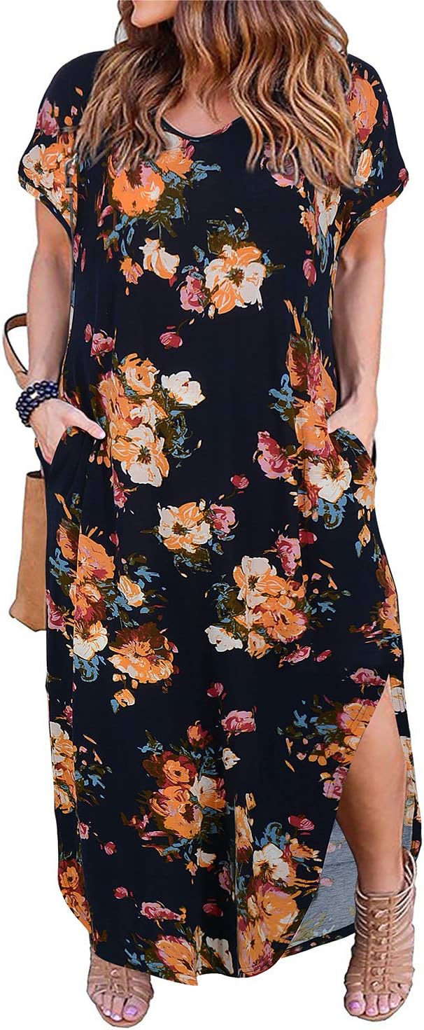 Nemidor Plus Size Maxi Dresses for Curvy Women Casual Summer Slit Loose Short Sleeve Long Dress with Pocket 14-26
