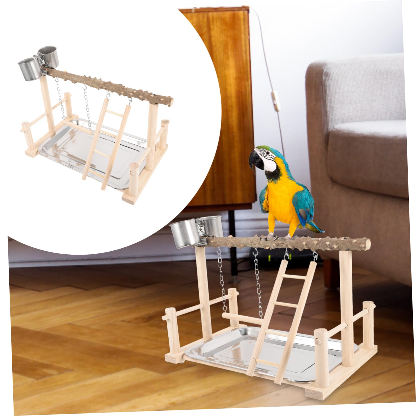 Happyyami 1set Posatoi Legno Per Pappagalli Piattaforma Interattiva Con Mangiatoia e Scala Accessori Per Uccelli Legno Naturale Spazio Per Giocare e Nutrire