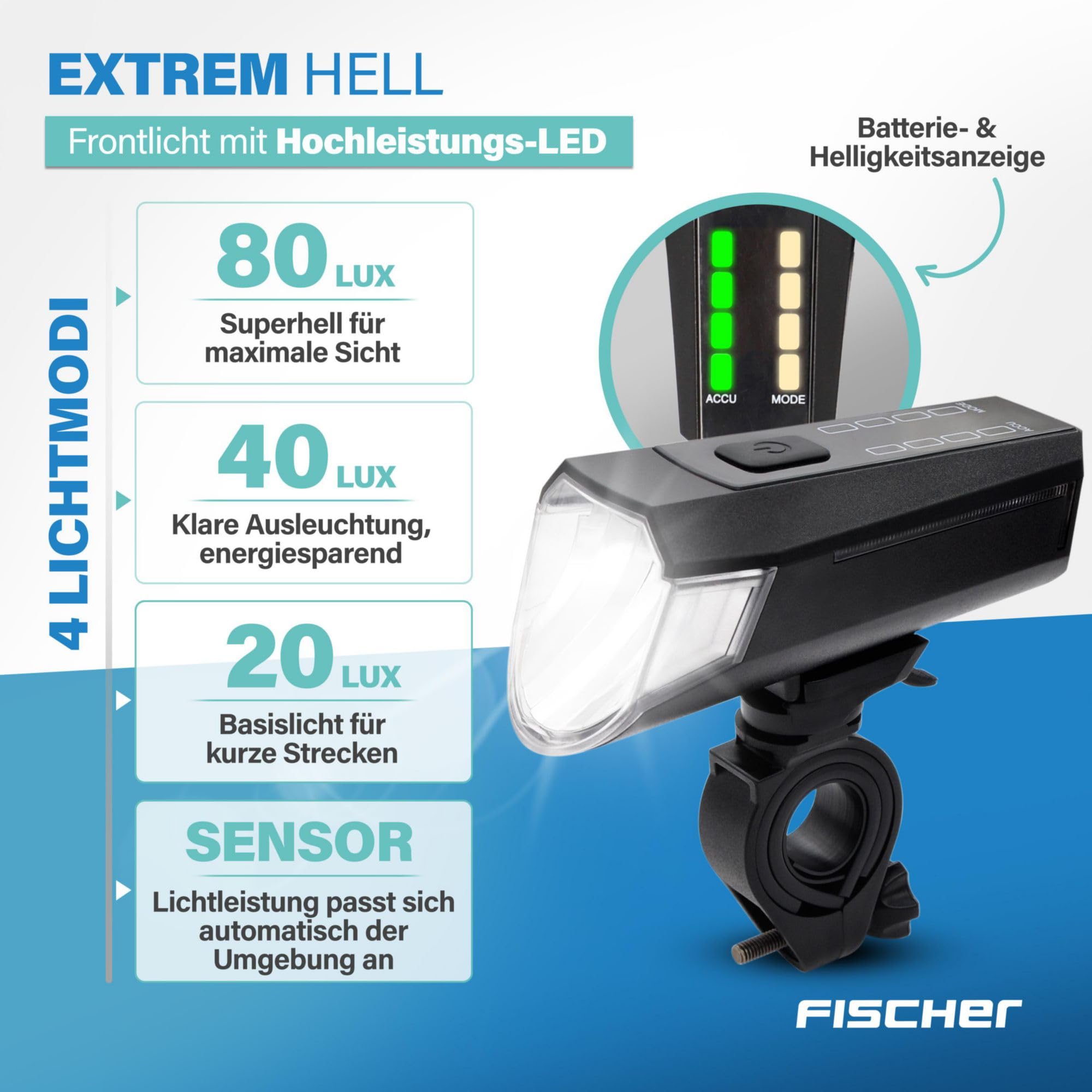 FISCHER Set di luci doppie per bicicletta, illuminazione a 360°, lampada a LED per bicicletta, 80 Lux, batteria ricaricabile con USB C, montaggio anteriore e posteriore senza attrezzi