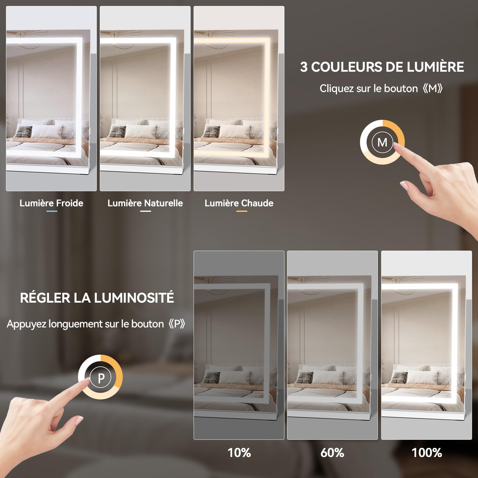 YU YUSING Miroir Coiffeuse de Maquillage LED 58x47 cm, 3 Couleurs, Charge USB, Luminosité Réglable, Miroir Lumineux de Table Cosmétique, Grossissant 10x, Blanc